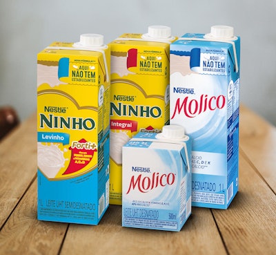 Cartones de leche UHT Molico y Nincho de Nestlé Brasil.