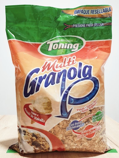 Nuevo envase de Granola para Alimentos Toning, con nuevo zipper de Zip Pak.