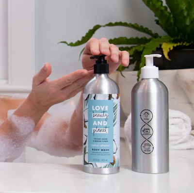 Love Beauty and Planet de Unilever en nuevos envases reutilizables de aluminio, como parte de la plataforma Loop.