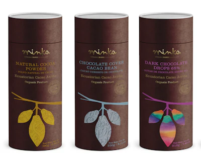 Envases tubulares de cartón para chocolates semielaborados de la marca ecuatoriana Minka.