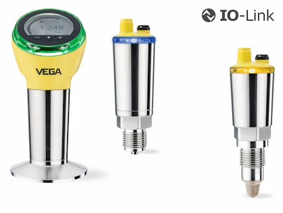 Los sensores de presión compactos Vegabar con función de interruptor y los interruptores de nivel capacitivos Vegapoint cuentan con una pantalla de estado de 360 grados, que se puede configurar en cualquiera de los 256 colores diferentes y se puede ver fácilmente desde cualquier dirección. Foto cortesía de Vega.