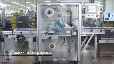 El módulo de bandas Stretch Omega combina cajas de cartón serializadas en un paquete con envoltura stretch.