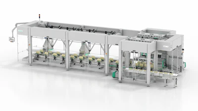 La encartonadora de carga superior Sigpack TTMD con robots Delta integrados, recoge los productos y los coloca planos o de borde en las cajas.
