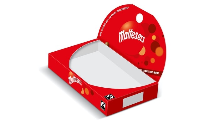 Mars ha quitado el recubrimiento de película de PE negro de su caja de dulces Maltesers, reemplazándolo con una lámina de barrera recubierta de dispersión de Metsä Board.