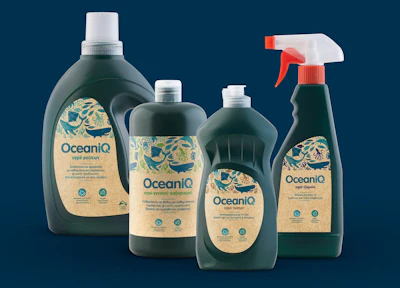 Empaque para detergente vegano,de ropa, OceanIQ, ganador en los premios Pentawards 2021.