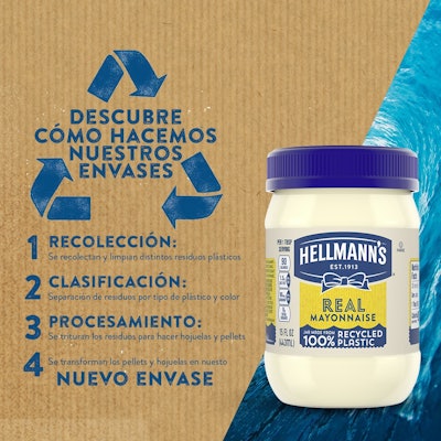 Hellmann's desarrolló tarros hechos de PET 100% recuperado grado alimenticio, con lo que han logrado dejar de usar 2.400 toneladas de PET virgen al año.