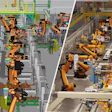 La imagen de lado a lado muestra cómo las visualizaciones de Xcelerator se harán más realistas con las imágenes fotorrealistas de Omniverse.