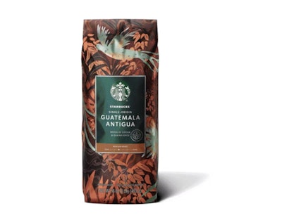 La bolsa del café Starbucks Guatemala Antigua ilustra al ave quetzal en medio de la vida vegetal de la región de Antigua.