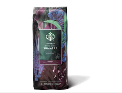 La bolsa para el café Starbucks Sumatra fue ilustrada por Abby McCartin y evoca al tigre de Sumatra que vive en la isla de Indonesia.