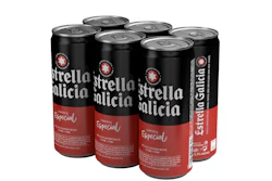 Los puntos de adhesivo de cada unión entre las 6 latas le evitan a Estrella Galicia los multiempaques de cartón heredados.