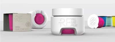 Sistema de empaques cosméticos recargables REfill REuse REpeat, diseñado para cremas para el cuidado de la piel y productos de maquillaje.