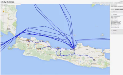 Los íconos de las instalaciones colocados en un mapa digital muestran las ubicaciones reales de las instalaciones reales. Las líneas azules muestran rutas de entrega para camiones y barcos.