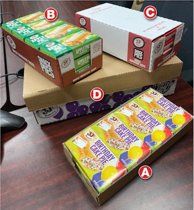 Estos cuatro formatos de cartón corrugado se manejan en la celda robótica trifuncional: bandeja abierta de 8 unidades (A), bandeja abierta de 12 unidades (B), peine de 12 unidades (C) y bandeja de 48 unidades con tapa (D).