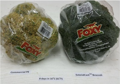 Aquí se muestra una comparación del brócoli en una película de PE comercial versus uno envuelto en una película MAP pasiva especialmente diseñada, ExtendCast Broccoli, de R.O.P. que preserva la frescura, el color y el crujido del producto incluso después de ocho días a 16 °C.