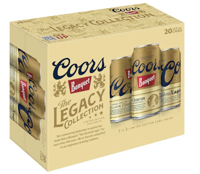 Diseño de empaque de la caja de Coors Banquet Legacy Collection. Un elemento importante del diseño del empaque de la colección Coors Banquet de edición limitada fue el empaque secundario, que se utilizó para crear un 'teatro visual' en el estante.