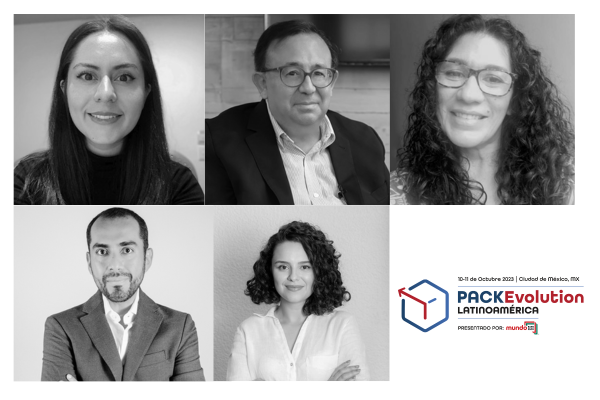 Lizeth Manr&iacute;quez, Jorge Maquita, Nydia Suppen Reynaga, Jes&uacute;s N&uacute;&ntilde;ez y Luiza Adelita de Andrade participaron en el panel 'Perspectivas y megatendencias para acelerar la innovaci&oacute;n en empaques centrada en los consumidores', durante PACKEvolution 2023.