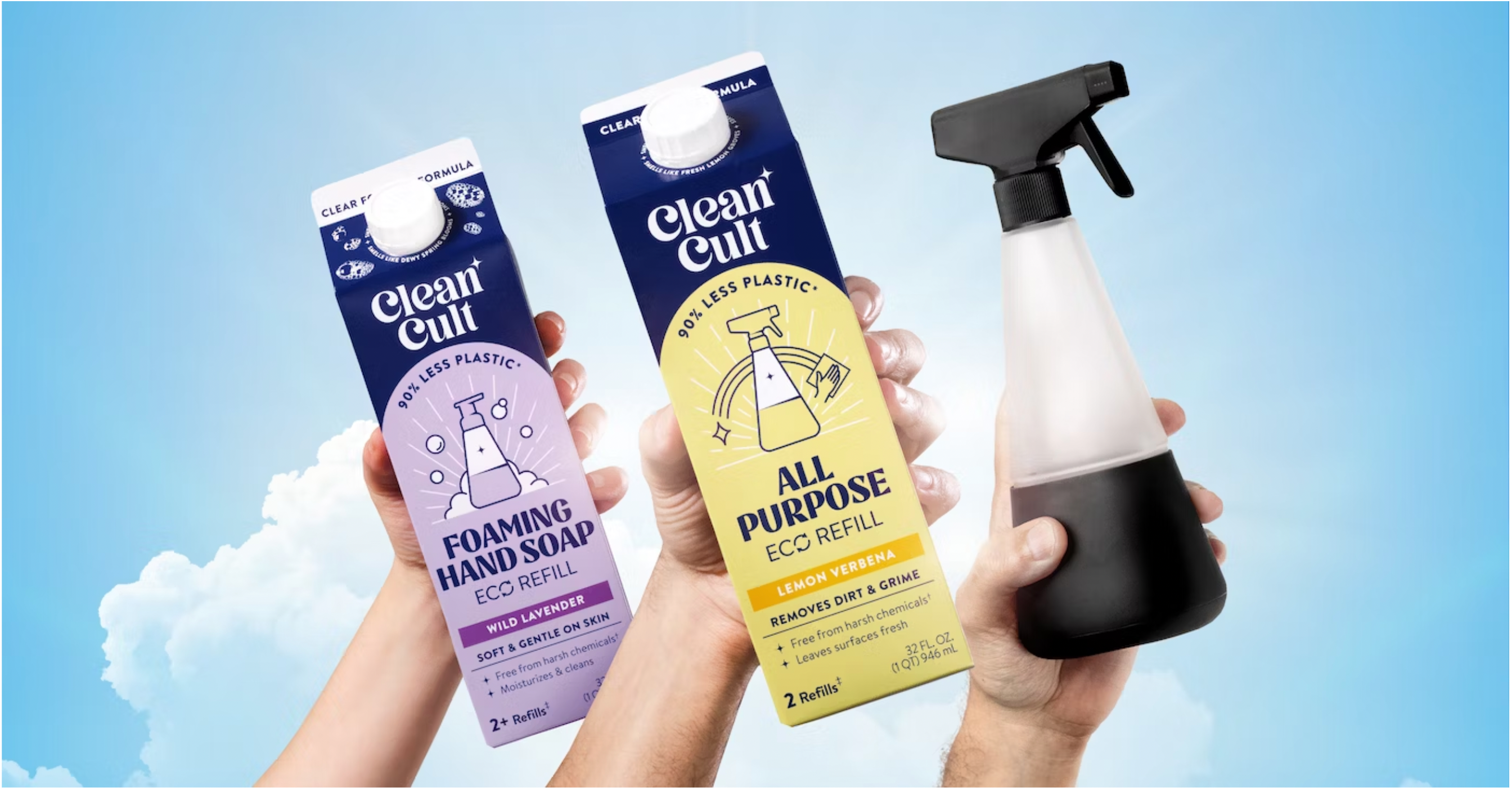 El empaque para los productos de limpieza para el hogar, el cuidado personal y la ropa de Cleancult incluye una botella reutilizable, recargable, resistente a roturas y con forma de vaso, y recambios en una caja de cart&oacute;n con tapa a dos aguas.