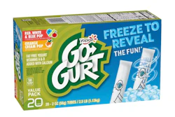 El nuevo empaque Yoplait Go-Gurt Freeze to Reveal de General Mills utiliza tintas sensibles a la temperatura.