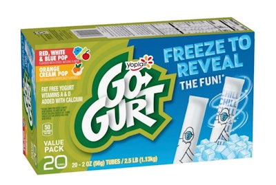 El nuevo empaque Yoplait Go-Gurt Freeze to Reveal de General Mills utiliza tintas sensibles a la temperatura.