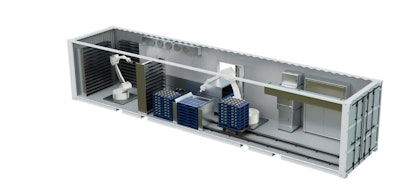 La microfábrica incluye máquinas envasadoras estándar integradas con la tecnología Relocalize para fabricar, envasar al vacío y paletizar cubitos de hielo.