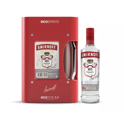 Las botellas se remueven de ecoTOTE para el uso, luego se regresan a su lugar en el empaque ecoTOTE en espera cuando están vacías.