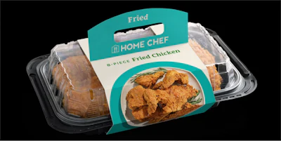 El empaque anterior de Home Chef era una cubierta de plástico con funda de papel. Al carecer de orificios de ventilación, el empaque atrapaba la humedad y hacía que el pollo perdiera su textura crujiente.