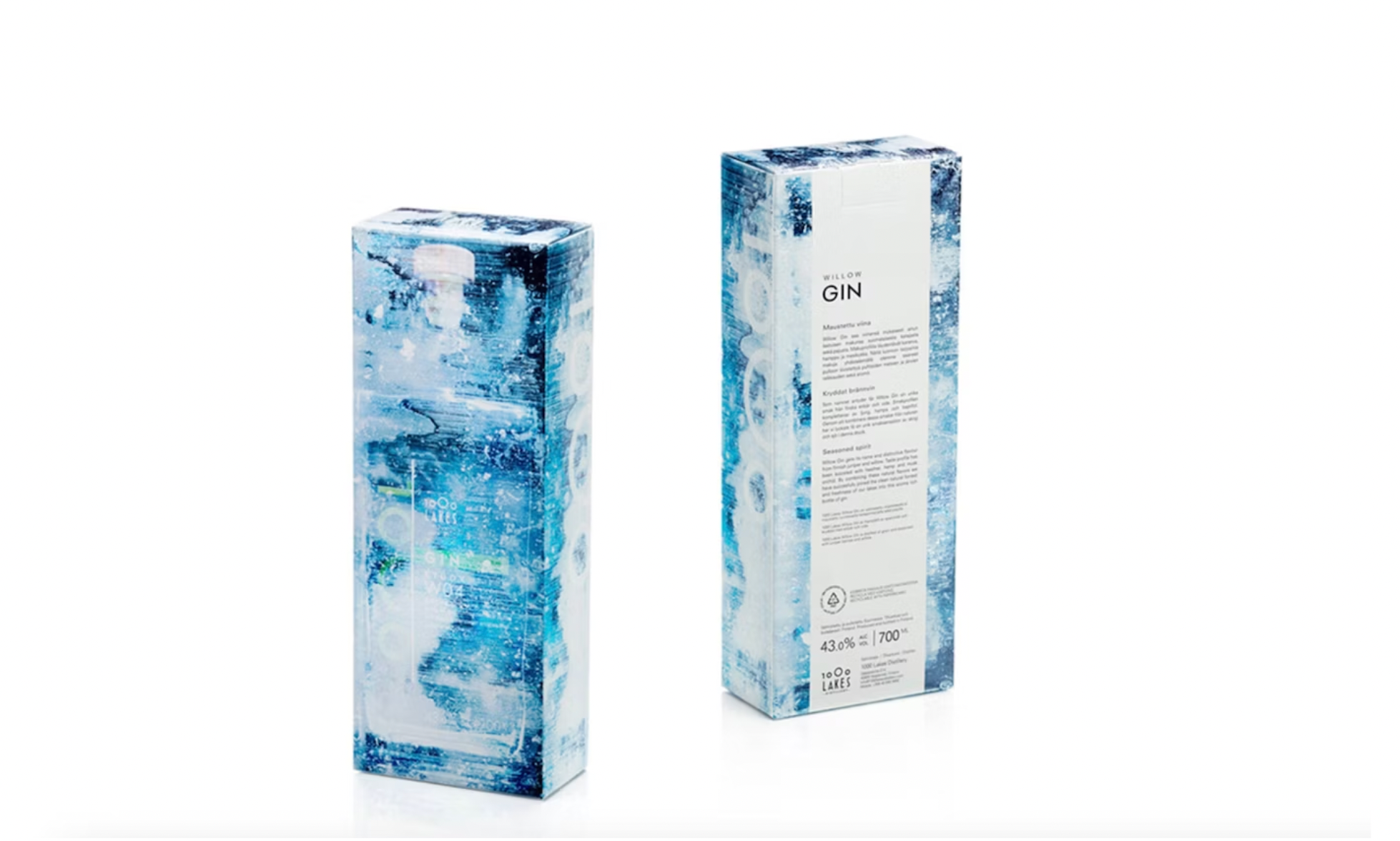 El efecto visual de bloque de hielo en el cart&oacute;n para venta al detal de la ginebra 1000 Lakes se logr&oacute; con varios niveles diferentes, con impresi&oacute;n UV sobre cart&oacute;n laminado PET plateado.