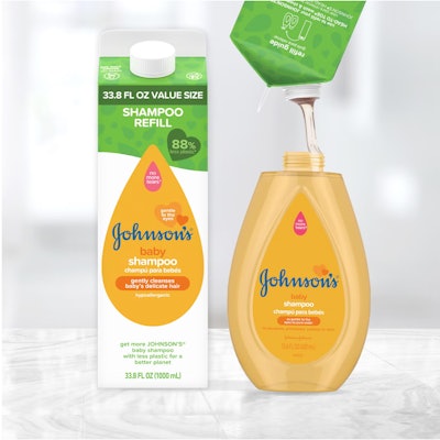Las nuevas cajas de Johnson's Baby Refill incluyen indicaciones visuales e instrucciones para rellenar el empaque original.