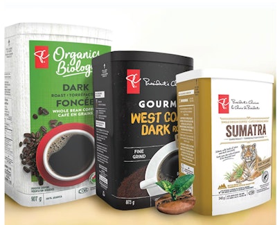 Aquí se muestran tres tamaños del innovador recipiente lleno por Club Coffee bajo la marca President's Choice.
