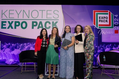 De izquierda a derecha, Lilián Robayo Páez, editora en jefe de Mundo EXPO PACK; Luciana Pellegrino, presidenta de la World Packaging Organization; Naimeth Ramos, directora de logística de Unilever México; Luiza Adelita de Andrade, gerente de empaque y sustentabilidad de Walmart México y Centroamérica, durante el Foro de la Red de Liderazgo Femenino PPWLN - Capítulo Latinoamérica de PMMI, en EXPO PACK México 2024.