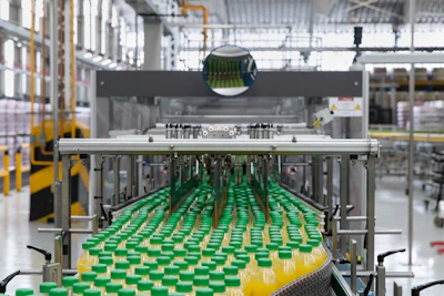 Las botellas llenas se transportan a la empacadora KHS Innopack Kisters SP donde se agrupan y envuelven en película contraíble.