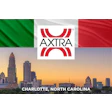 Axtra logo with Charlotte skyline at sunset, representing urban business landscape