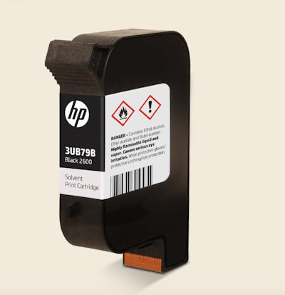 Cartucho HP 2600 con tinta solvente de secado rápido, una propuesta de HP Inc. para impresión sobre películas plásticas en líneas de producción de alta velocidad.