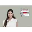 unPACKed Podcast host in white top, Spanish language podcast branding