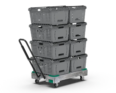 El sistema XpressPickup™ de ORBIS, que se exhibirá en EXPO PACK Guadalajara 2025, combina cajas reutilizables, plataforma rodante y carro versátil para agilizar la preparación de pedidos en tienda.