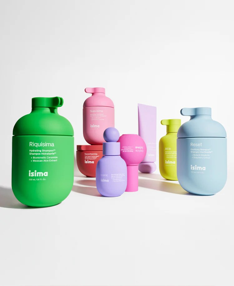 Colorful Isima skincare bottles in green, pink, blue, purple, and yellow