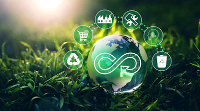 Green globe with circular economy symbol surrounded by sustainability icons on grass