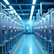 Industrial facility with rows of shiny metallic tanks and blue lighting
