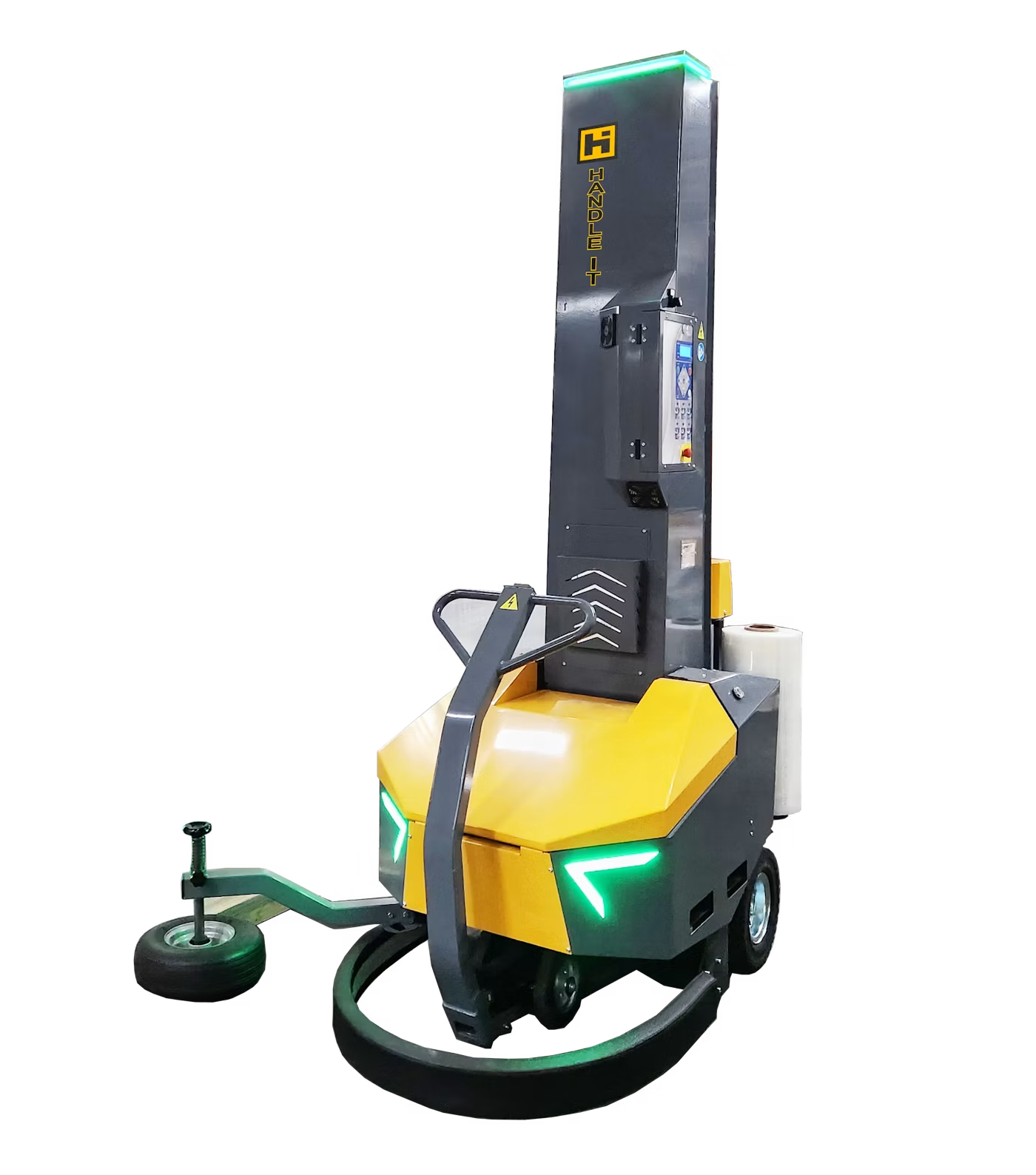 Yellow and green automated stretch wrapping machine with turntable and control panel