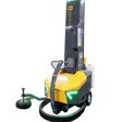 Yellow and green automated stretch wrapping machine with turntable and control panel