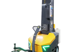 Yellow and green automated stretch wrapping machine with turntable and control panel
