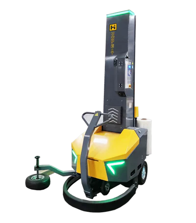 Yellow and green automated stretch wrapping machine with turntable and control panel
