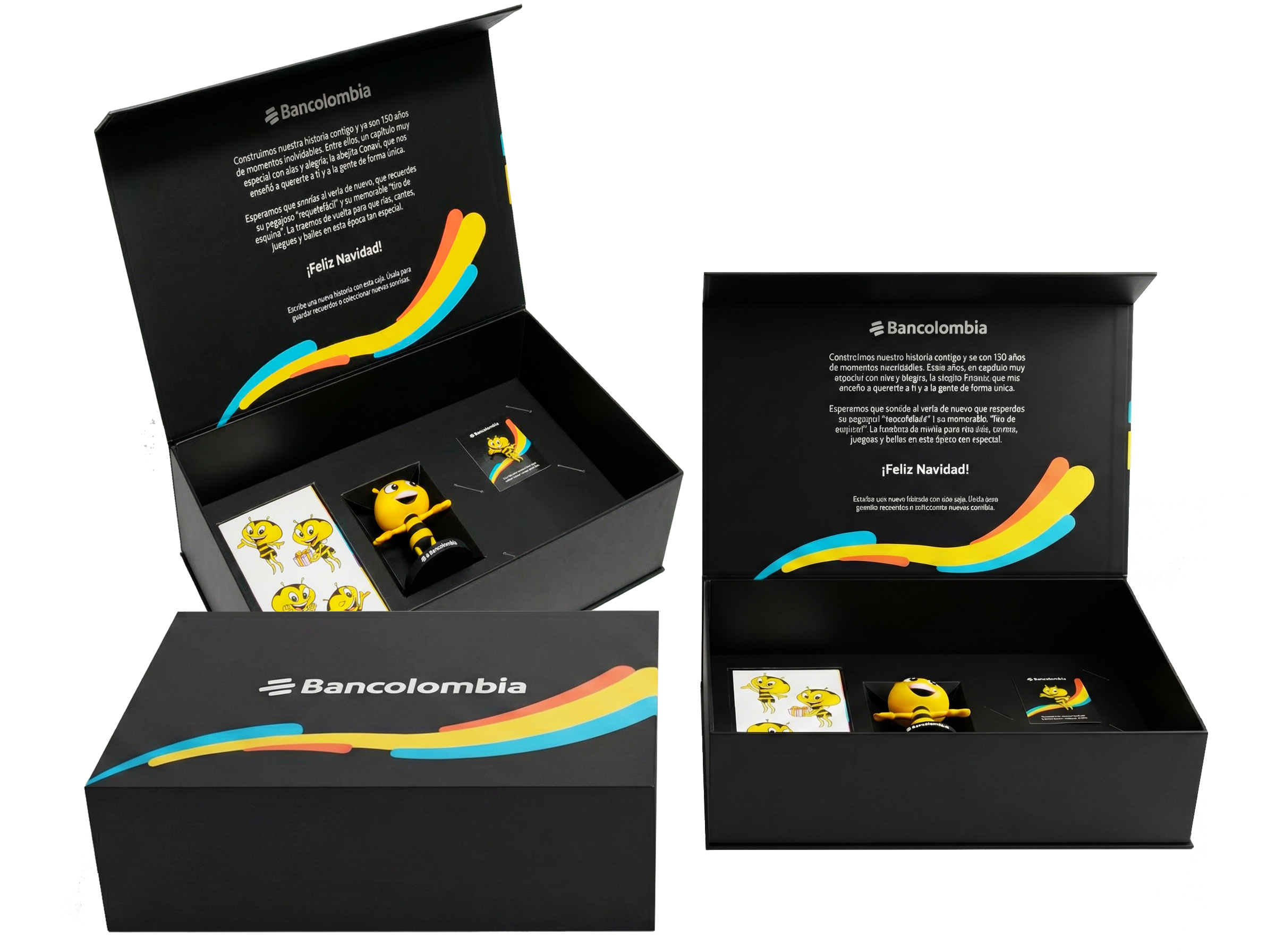 Bancolombia branded luxury gift box set with black packaging, colorful gradient wave design, and promotional merchandise items