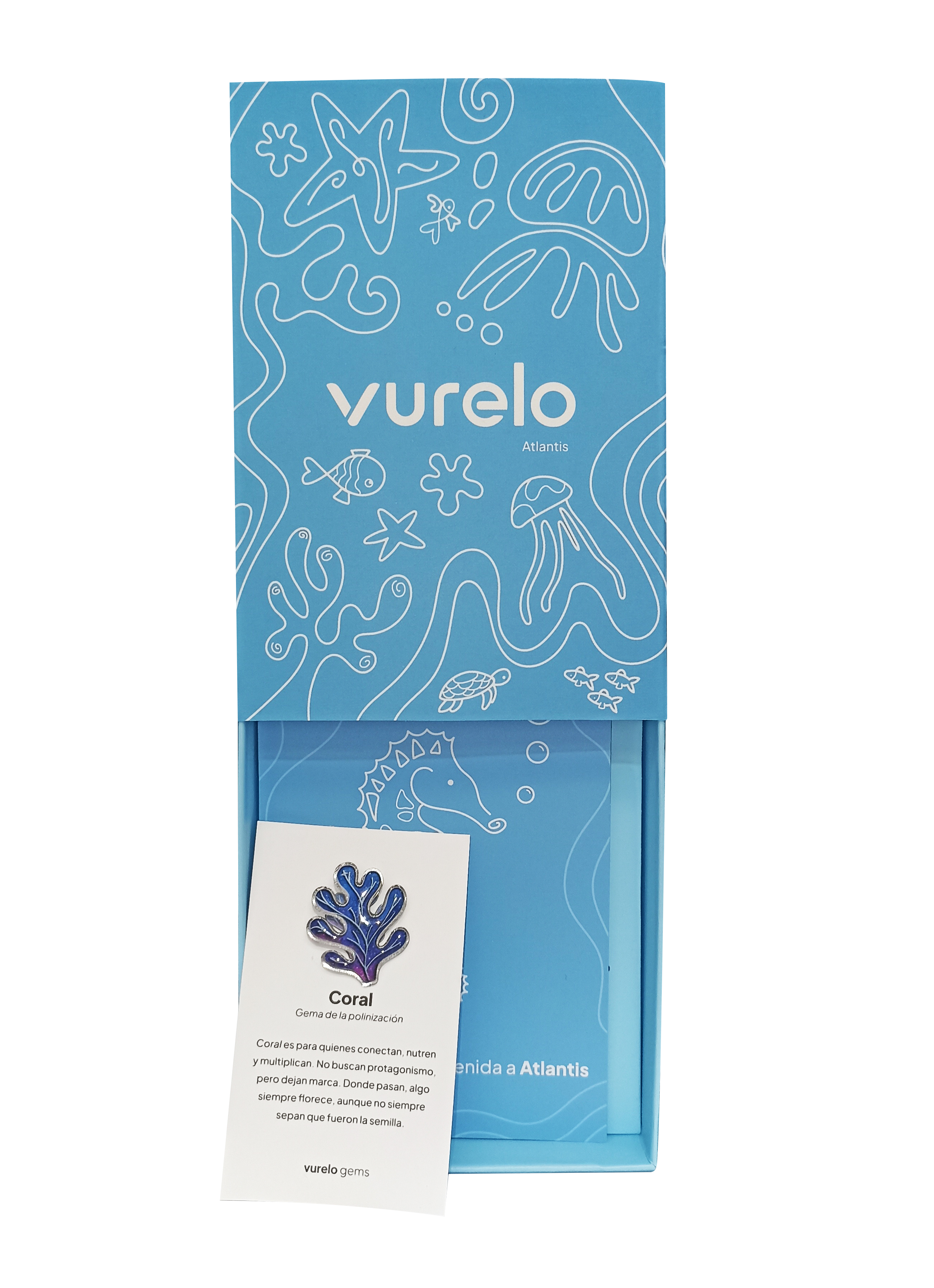 Vurelo Atlantis collection product box with blue ocean-themed design and coral information card