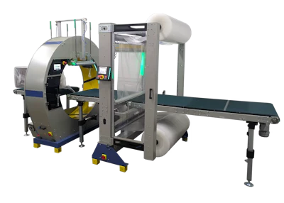 Industrial packaging machine with conveyor system and control panel for automated product wrapping and processing