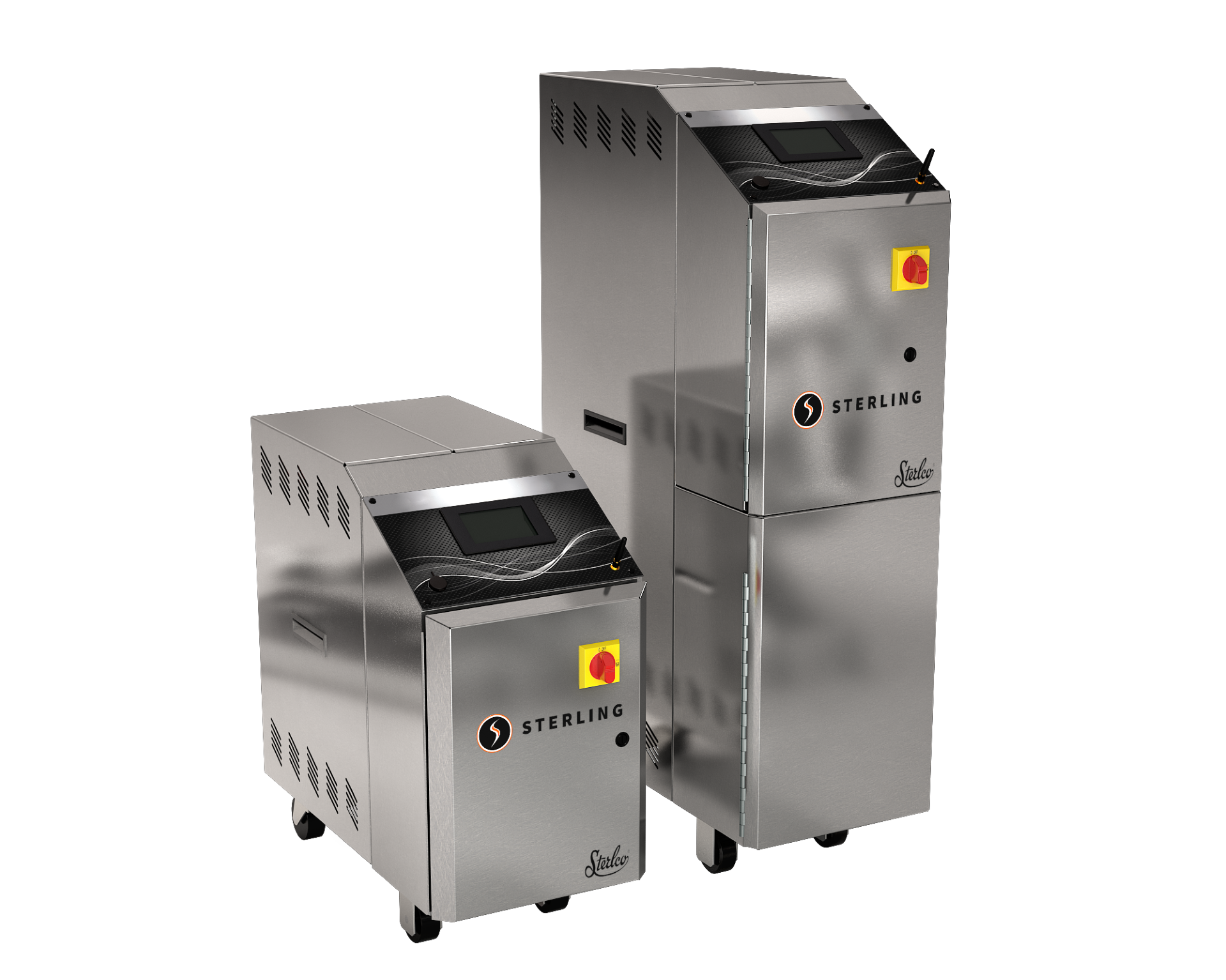 Sterling industrial waste compactor machines in stainless steel, compact and large models with yellow emergency stop buttons