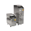 Sterling industrial waste compactor machines in stainless steel, compact and large models with yellow emergency stop buttons