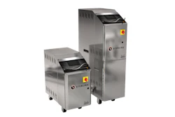 Sterling industrial waste compactor machines in stainless steel, compact and large models with yellow emergency stop buttons