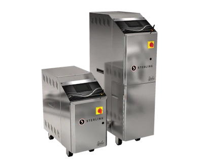 Sterling industrial waste compactor machines in stainless steel, compact and large models with yellow emergency stop buttons