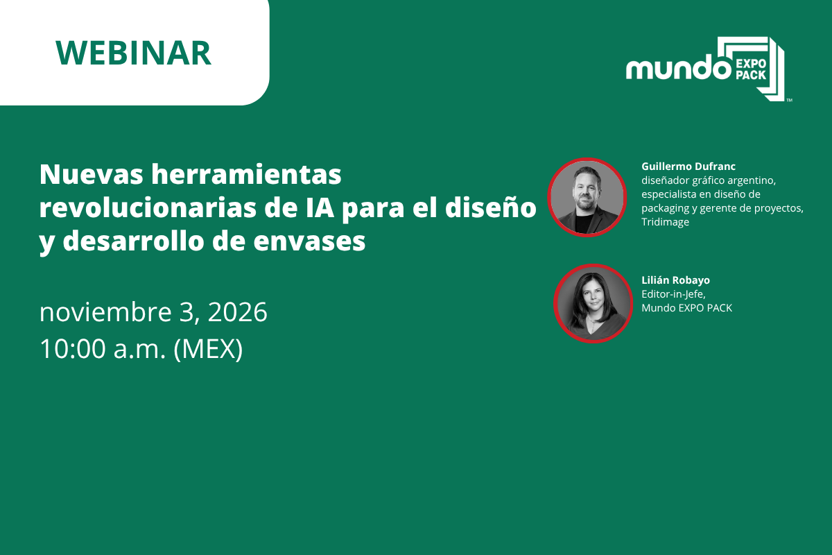 Webinar promotional poster for AI packaging design tools featuring Mundo EXPO PACK logo and speaker profiles